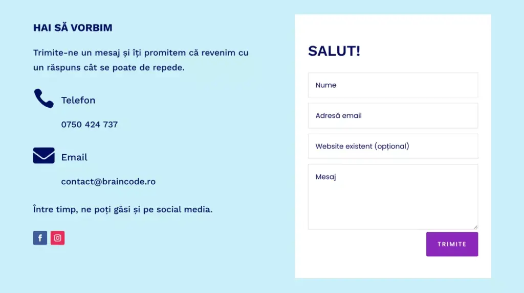 exemplu sectiune contact home page